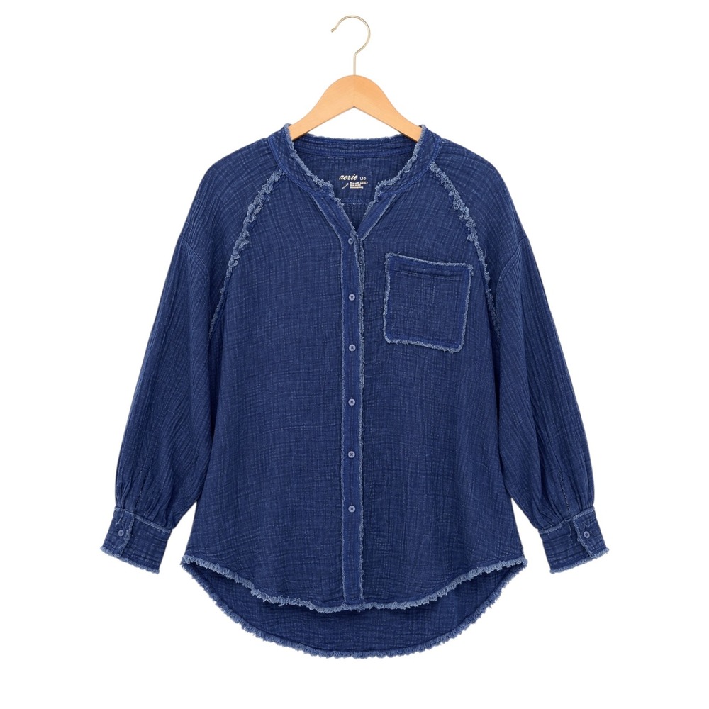 NWT Aerie L Indigo Blue Gauze Button Down Shirt Oversized Raw Hem Cotton Tunic